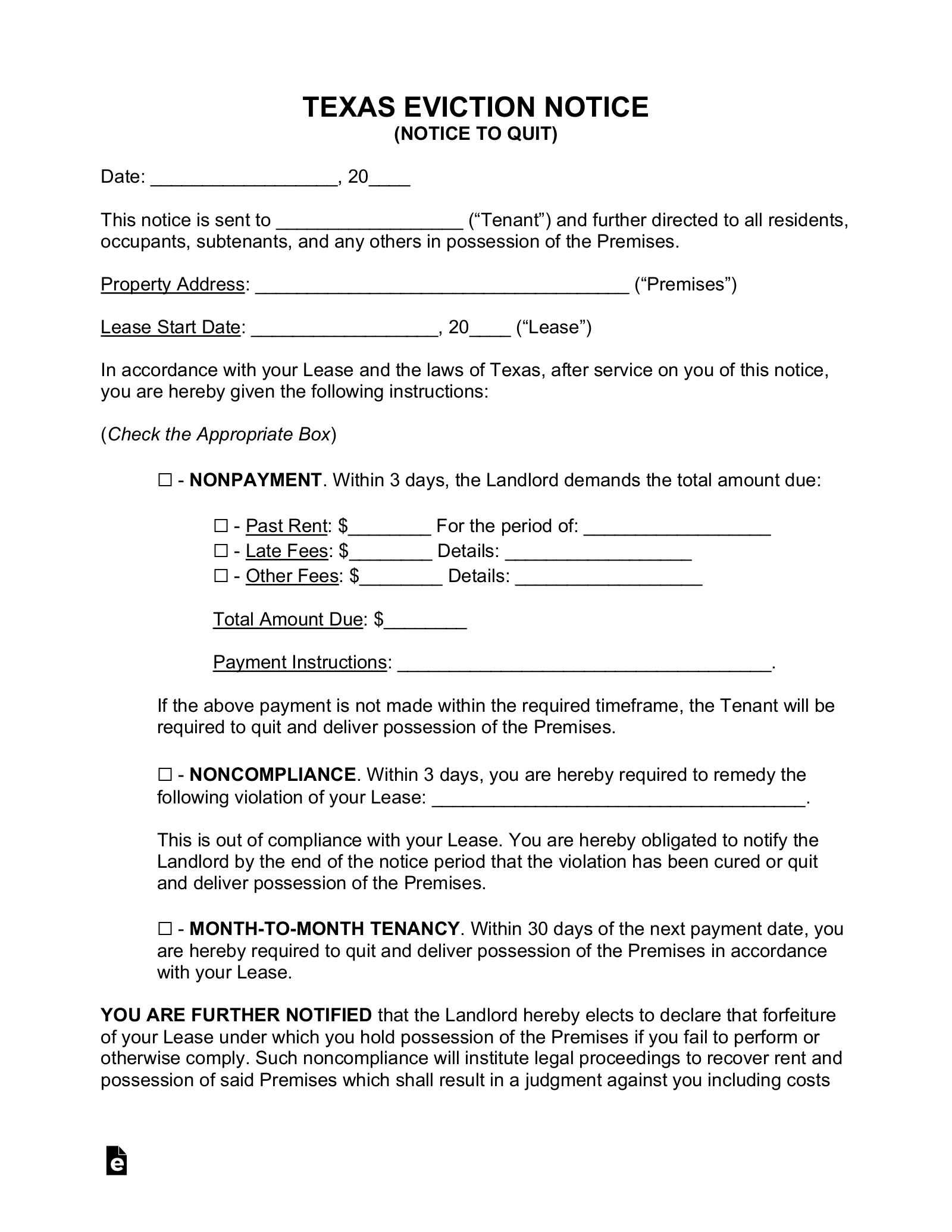 Free Texas Eviction Notice Forms (3) - Pdf | Word – Eforms for Free Printable Eviction Notice