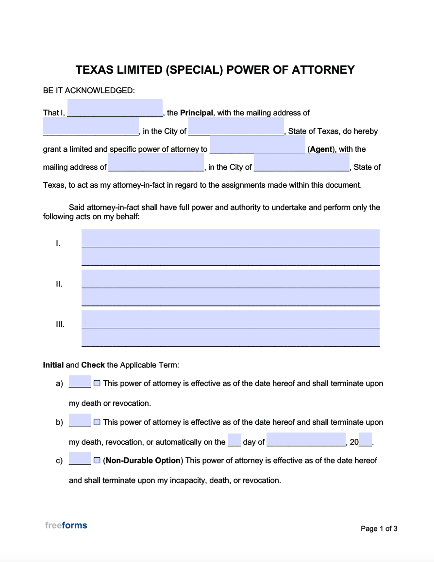 Free Texas Limited (Special) Power Of Attorney Form | Pdf | Word inside Printable Power Of Attorney Form