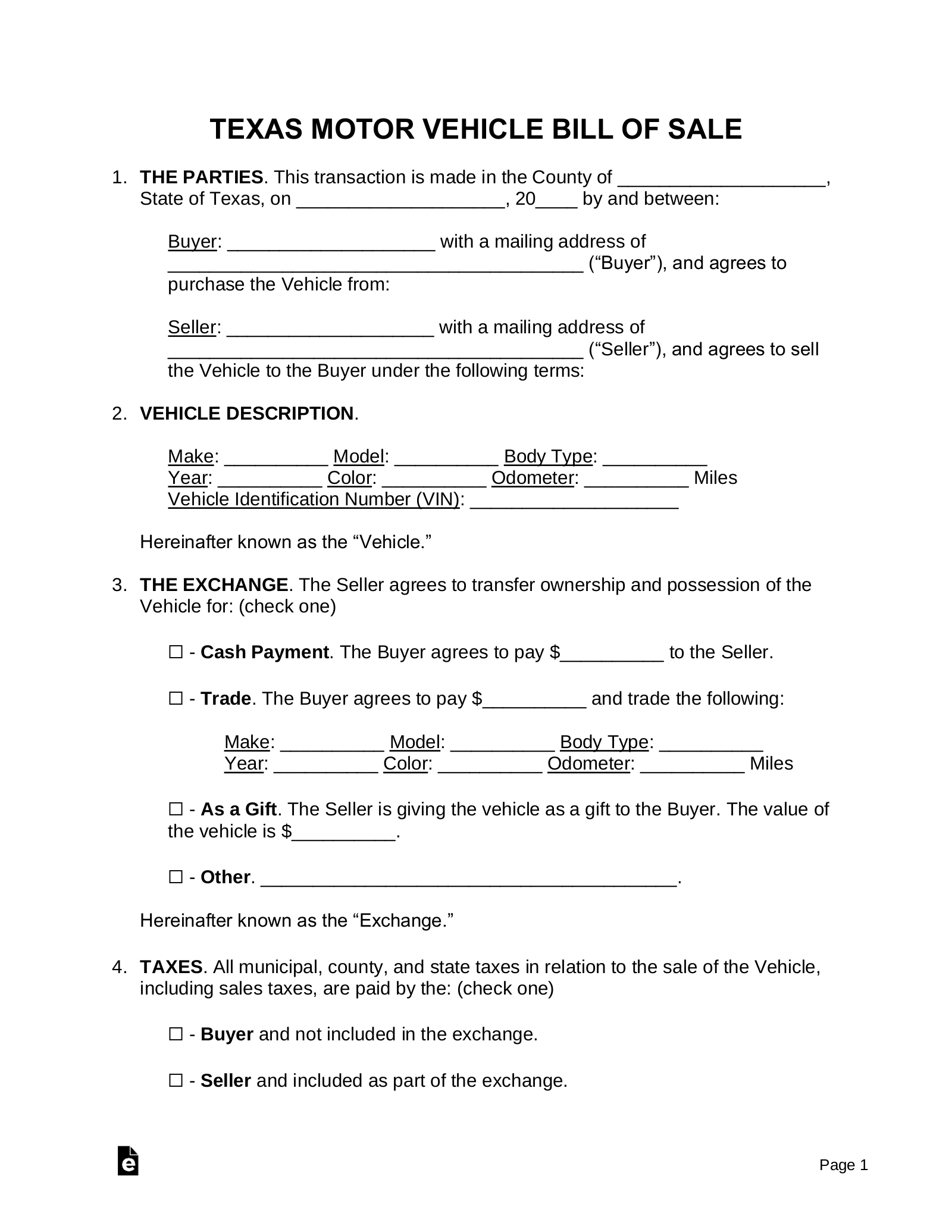 Free Texas Motor Vehicle Bill Of Sale Form - Pdf | Word – Eforms within Printable Bill of Sale Texas