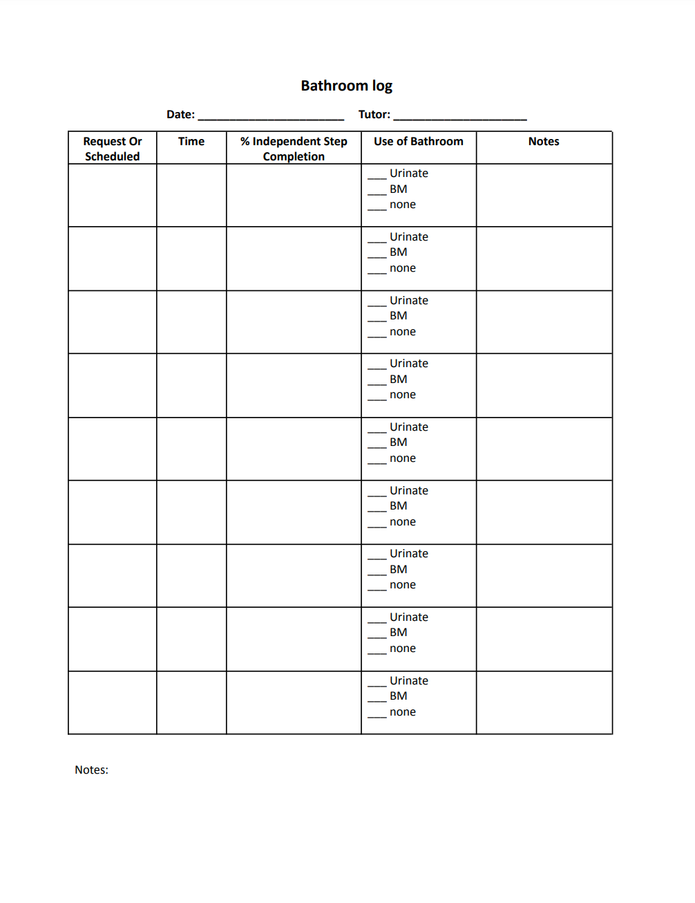 General Bathroom Log (Blank) with regard to Toileting Data Sheet Printable