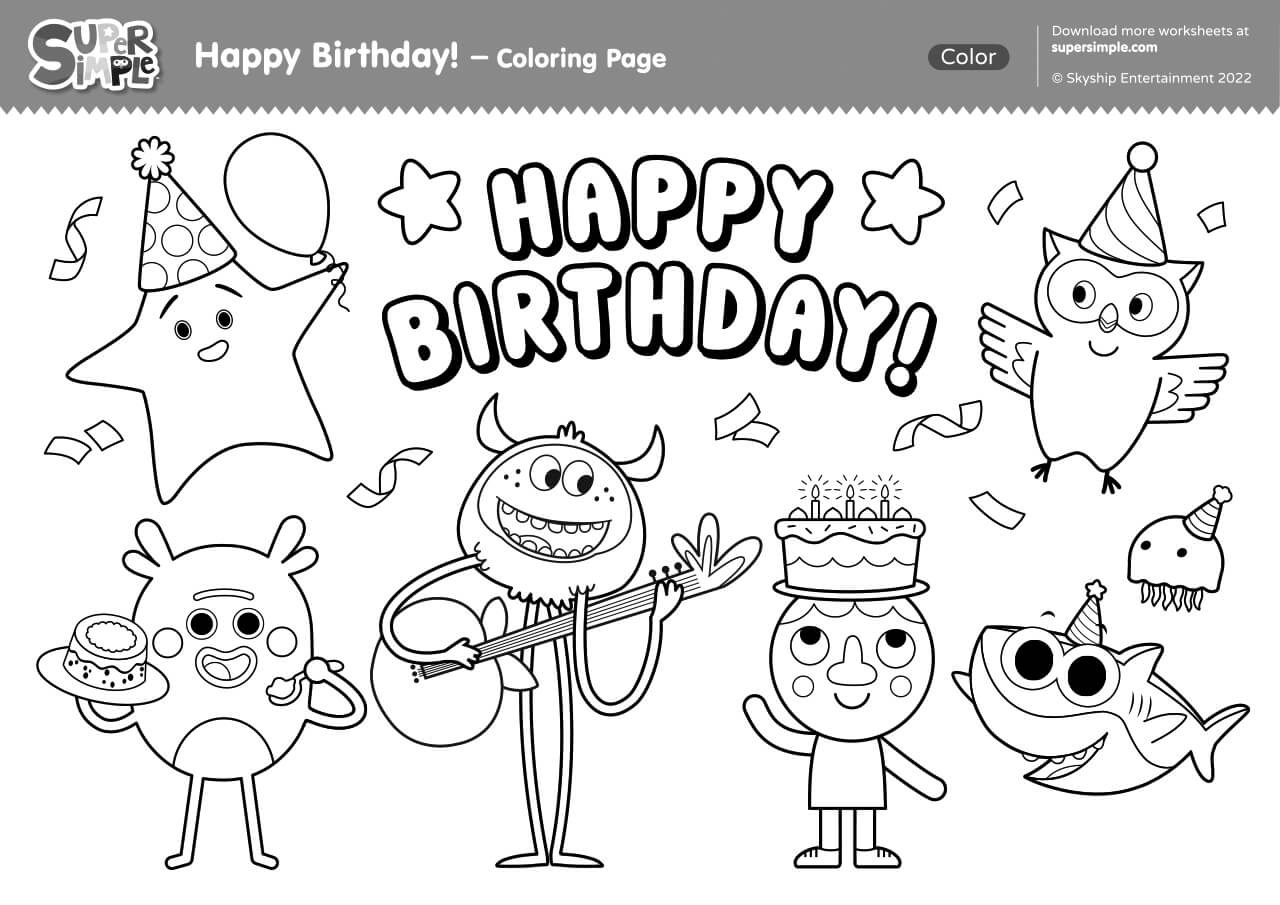 Happy Birthday! - Coloring Page - Super Simple within Happy Birthday Coloring Printables