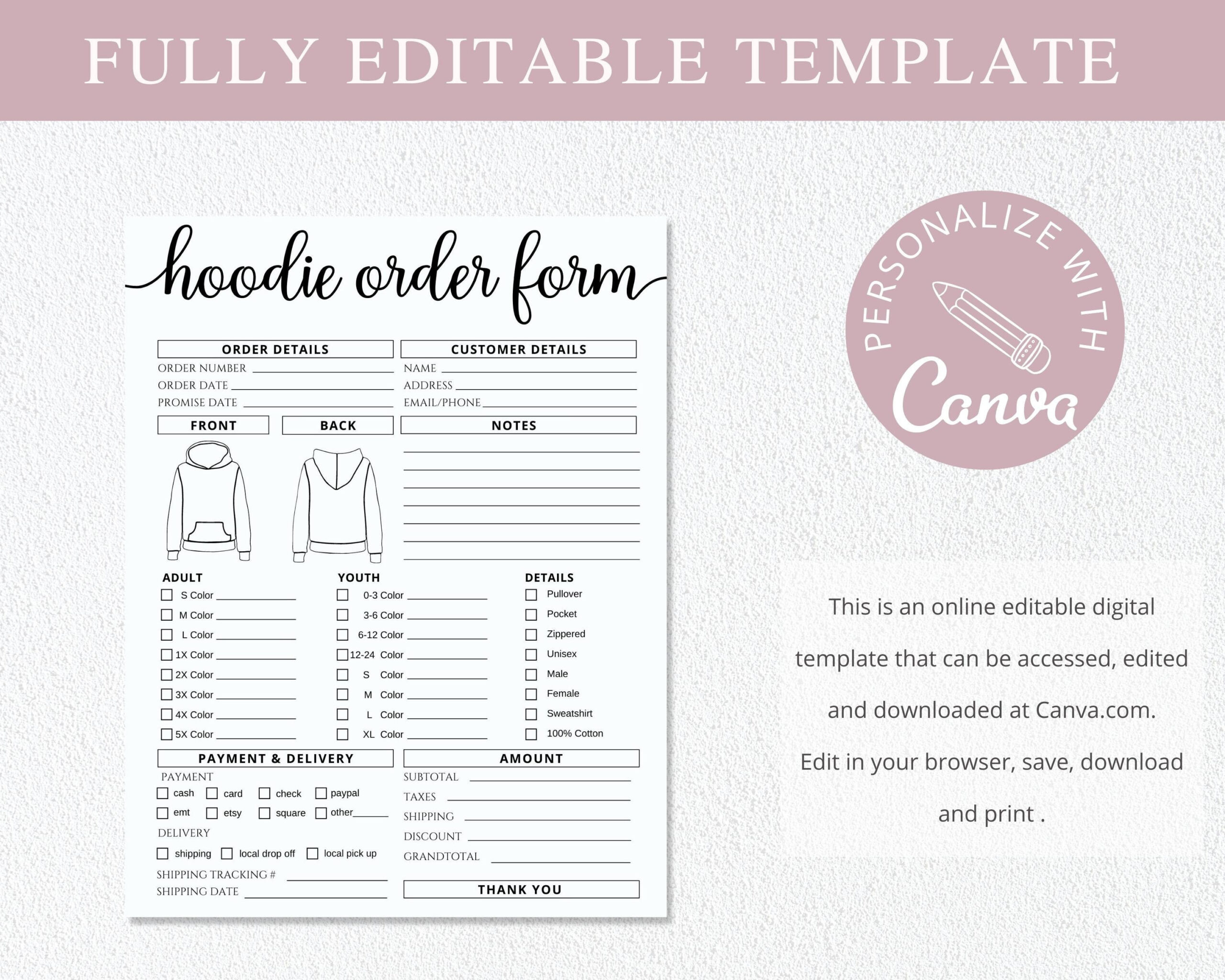 Hoodie Order Form Template I Editable Canva Invoice Template I T with Custom Hoodoe Sweatshirt Order Form Template Free Printable