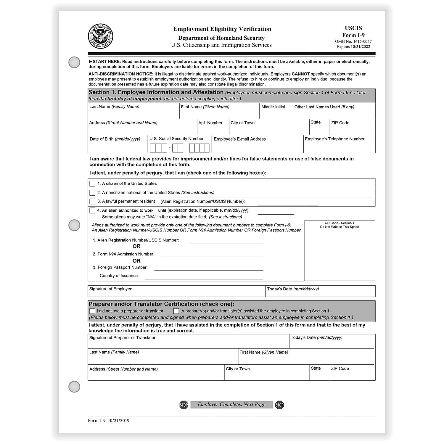 I-9 Employment Eligibility Verification 1-Part Paper Forms (100 Per inside I 9 Form Printable