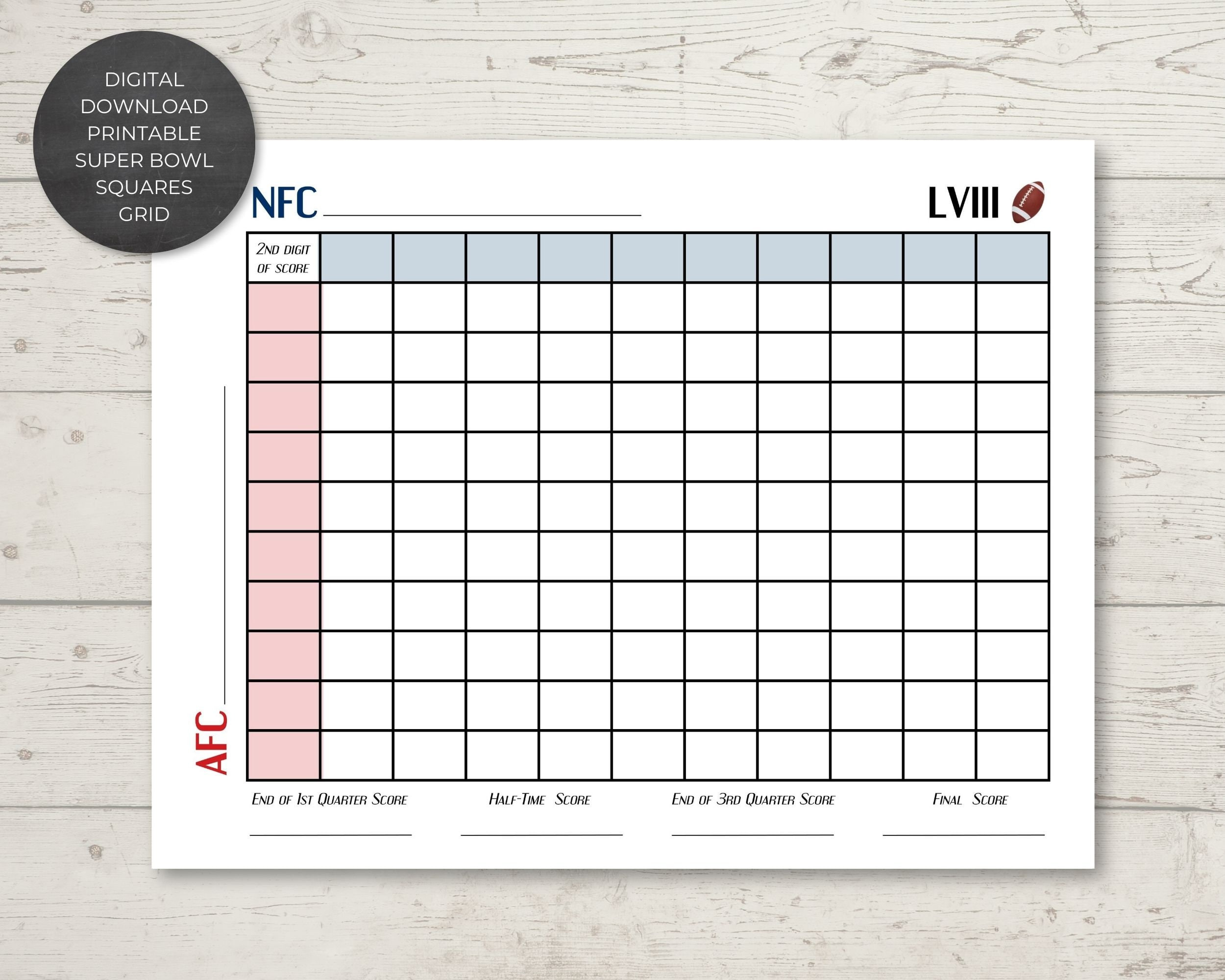 Instant Download, Printable Super Bowl Squares Grid, Super Bowl for Printable Super Bowl Squares