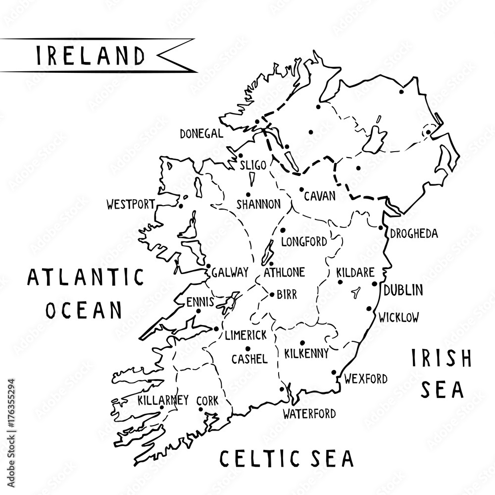 Ireland Hand Drawn Map Vector Illustration With Main Cities in Ireland Map 1901 Printable