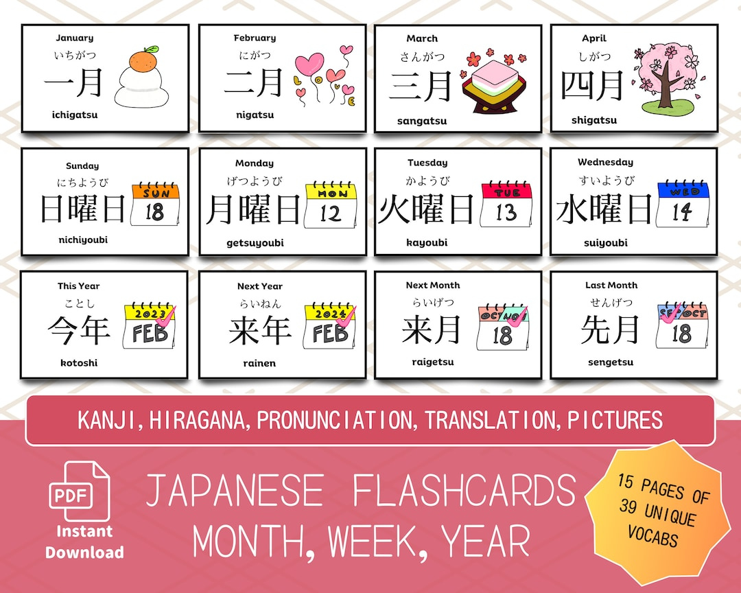 Japanese Flashcards For Month Week Year Basic Vocabulary With throughout Japaneseenglish With Pronunciation Printable Free