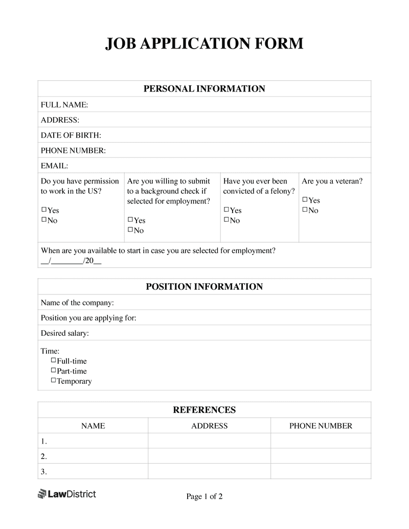 Job Application Form | Free Simple Pdf Template | Lawdistrict in Printable Application For Employment