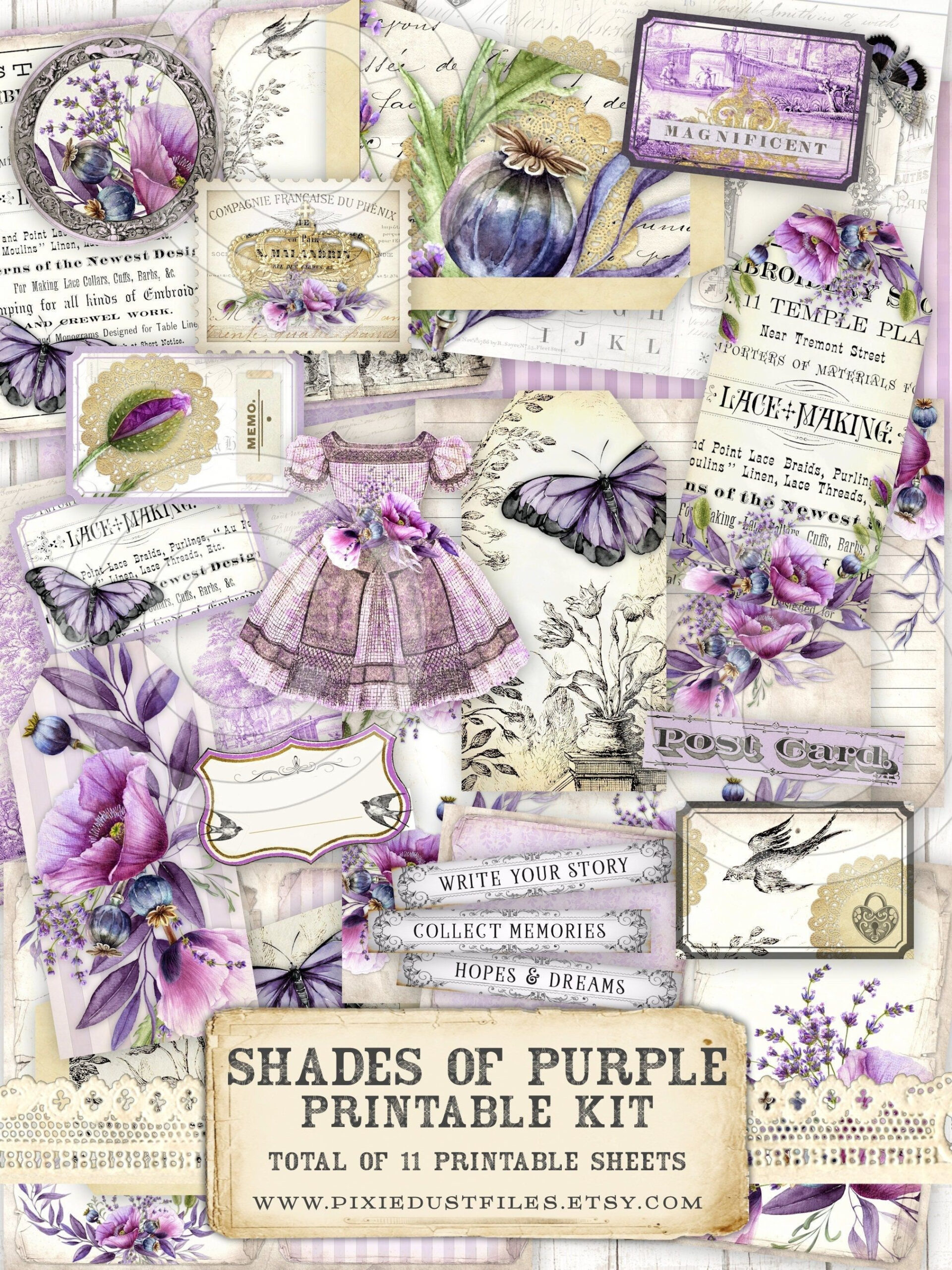 Junk Journal Kit Purple, Printable Papers, Pages, Ephemera with Printables For Journals Purple