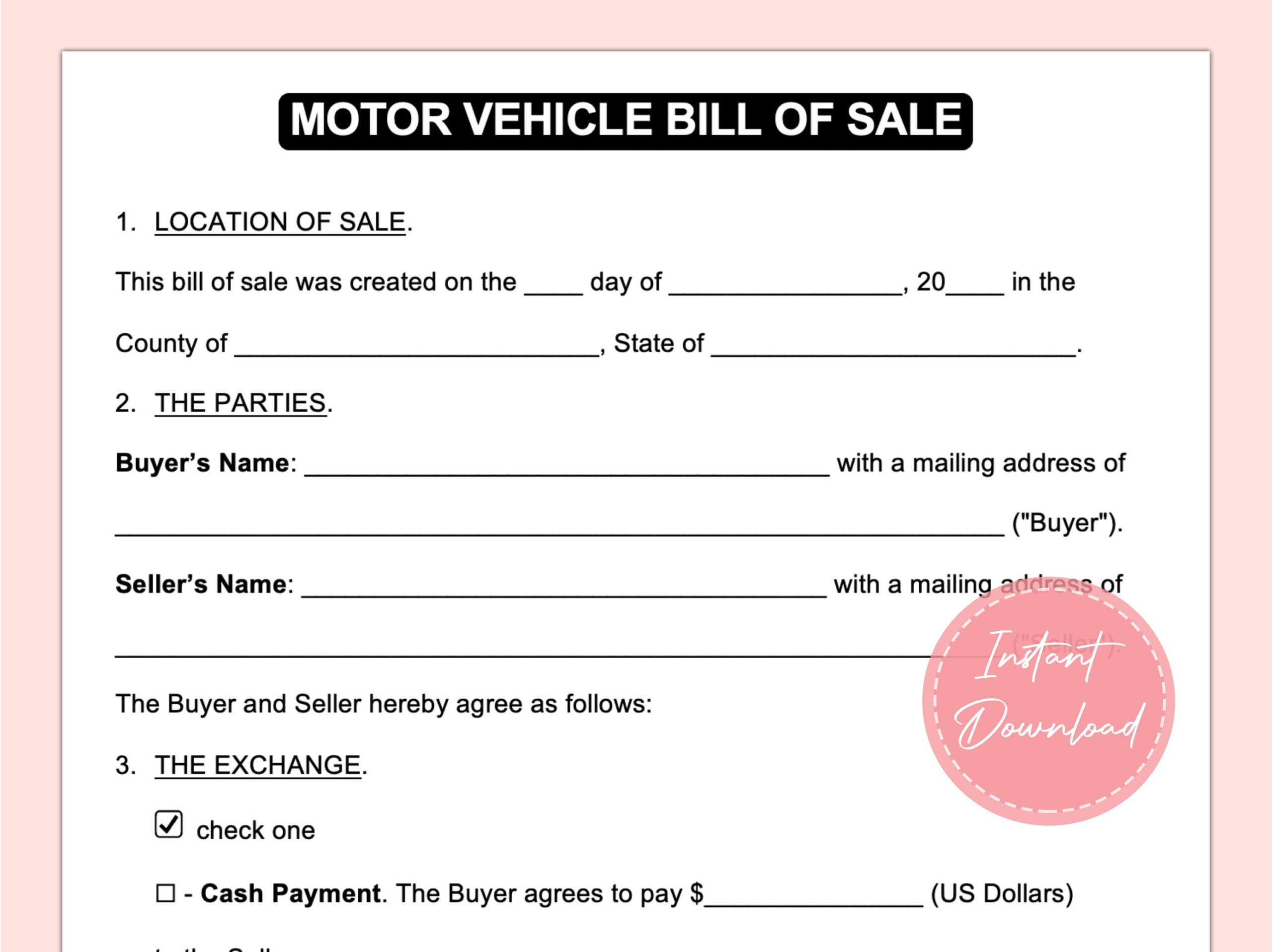 Kfz-Kaufschein | Bill Of Sale | Auto Sale Form | Fahrzeug Sale Form | Auto Bill Of Sale | Sofort Download | A4 intended for Automotive Bill Of Sale Printable