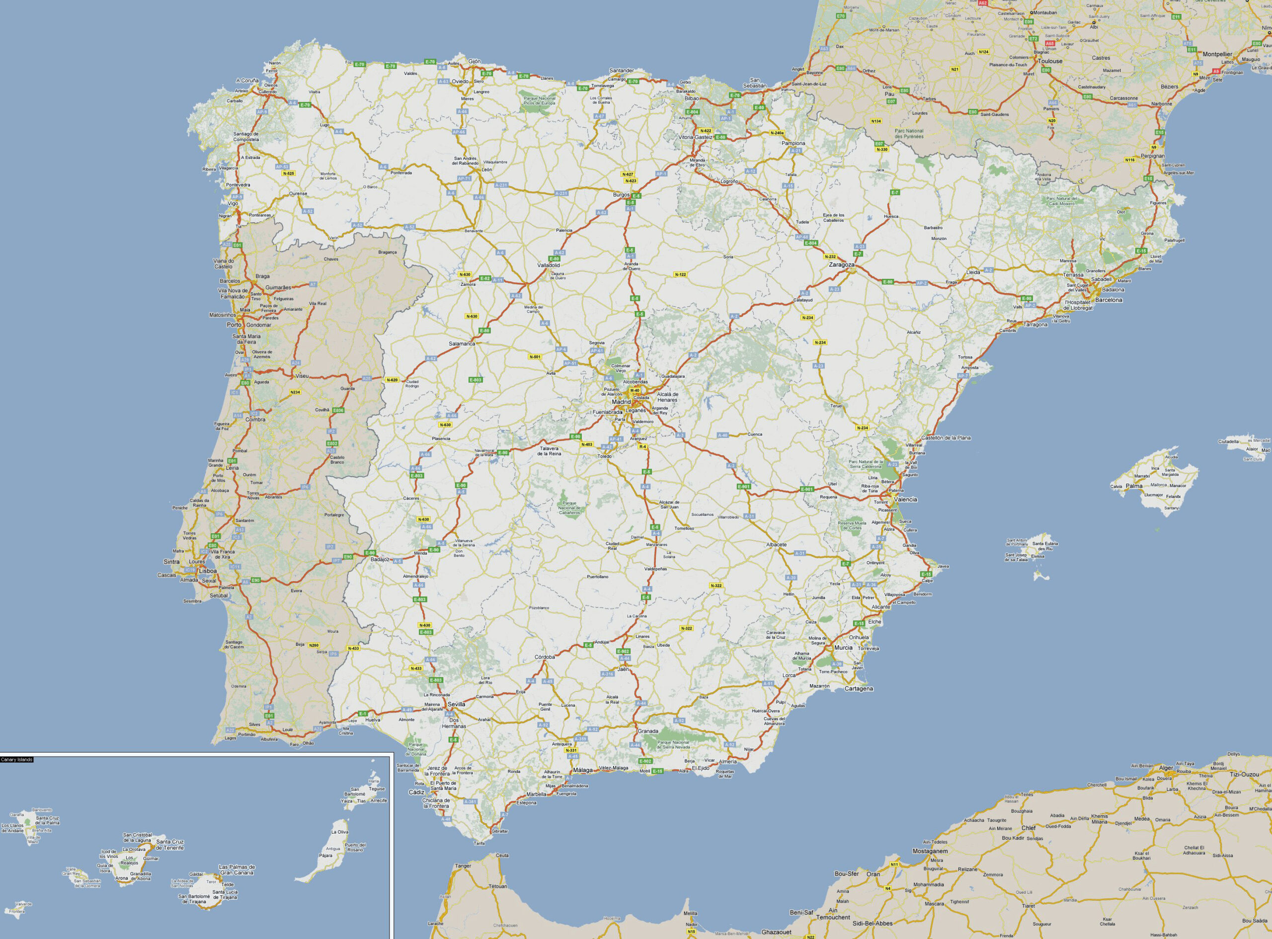 Large Detailed Roads Map Of Spain And Portugal | Vidiani regarding Printable Map Of Spain And Portugal With Major Cities