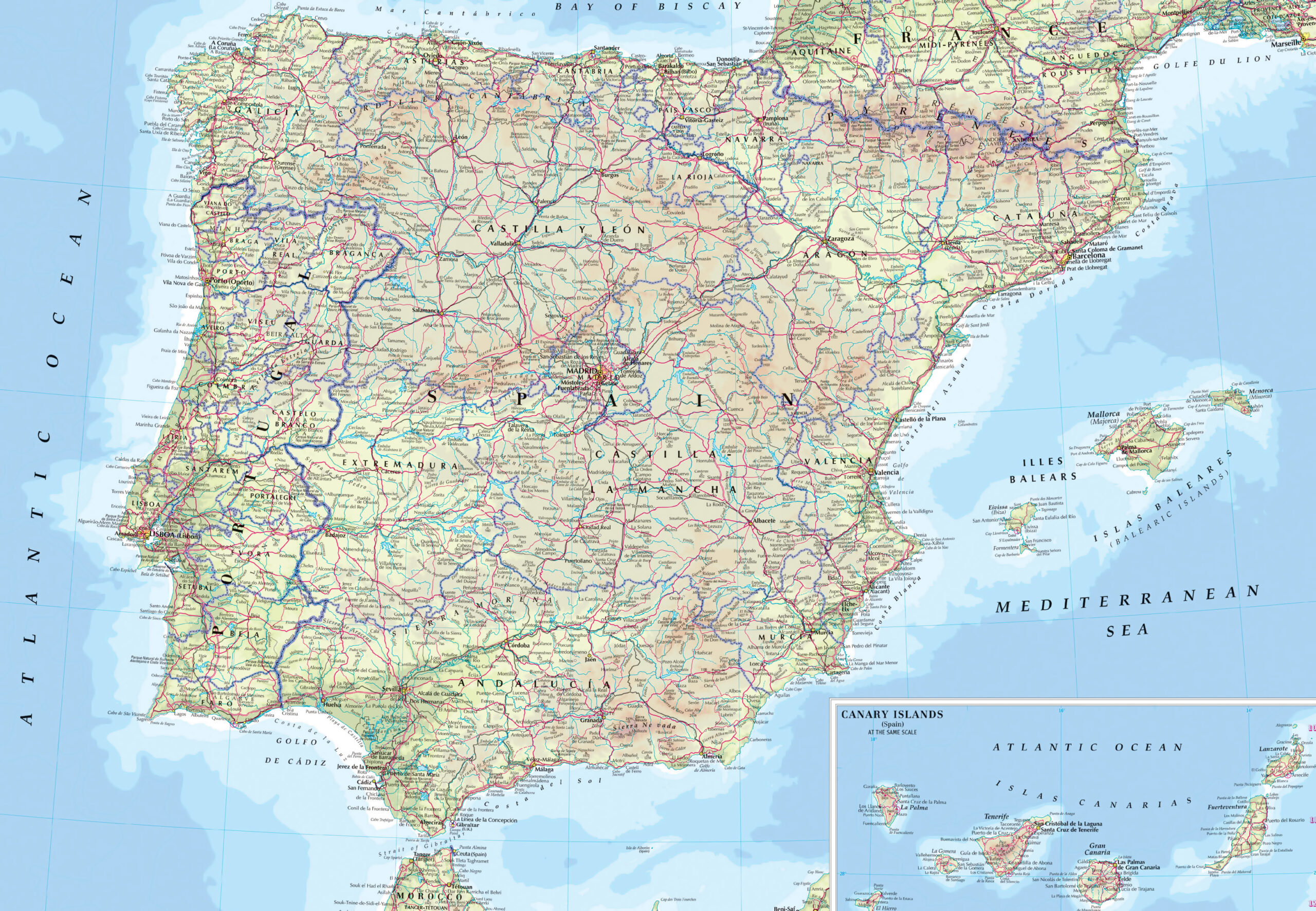 Large Road Map Of Spain And Portugal With Cities And Airports for Printable Map of Spain And Portugal With Major Cities