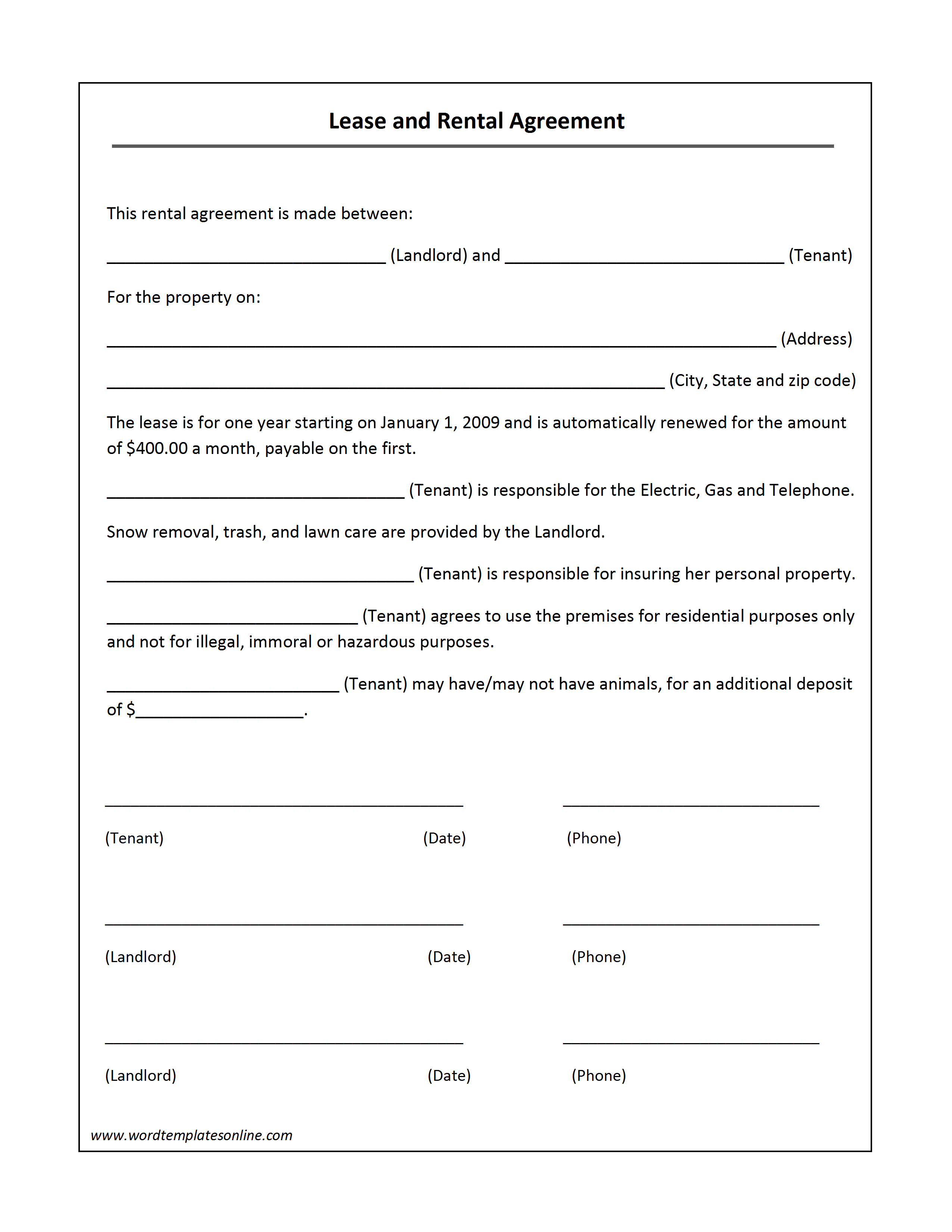 Lease Agreement Template regarding Free Printable Lease Contract