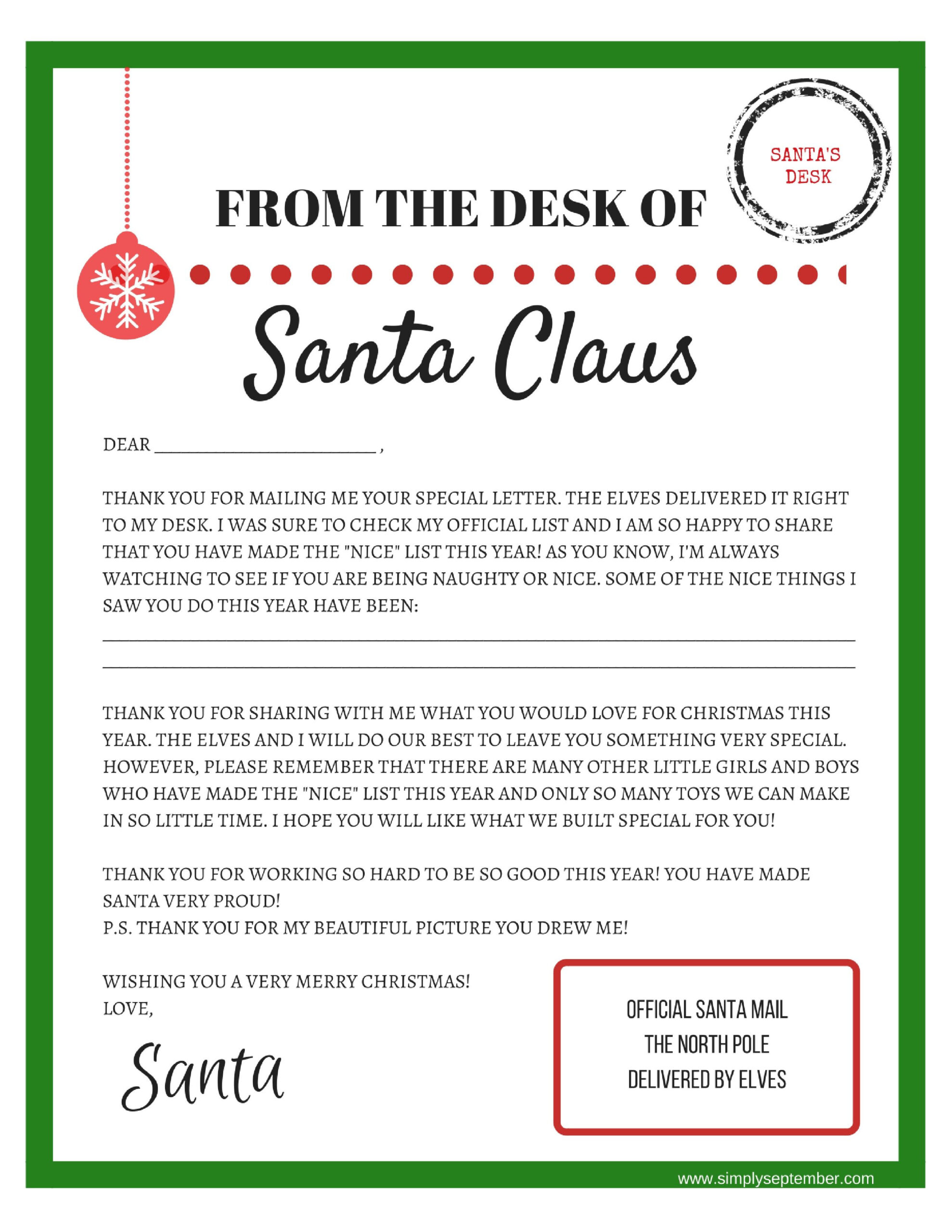 Letters To And From Santa: Free Printables - Simply September for Free Printable Letters From Santa Claus