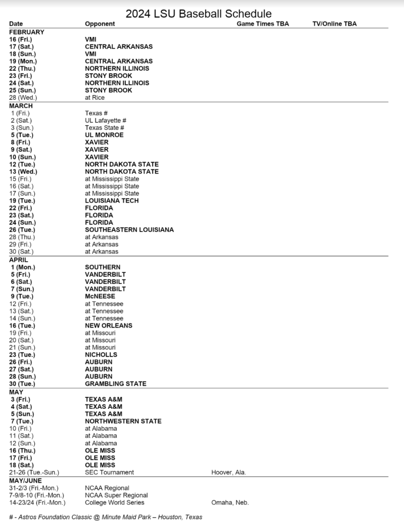 Lsu Releases Schedule, Set To Defend Title - On3 with regard to Lsu Baseball Schedule 2024 Printable