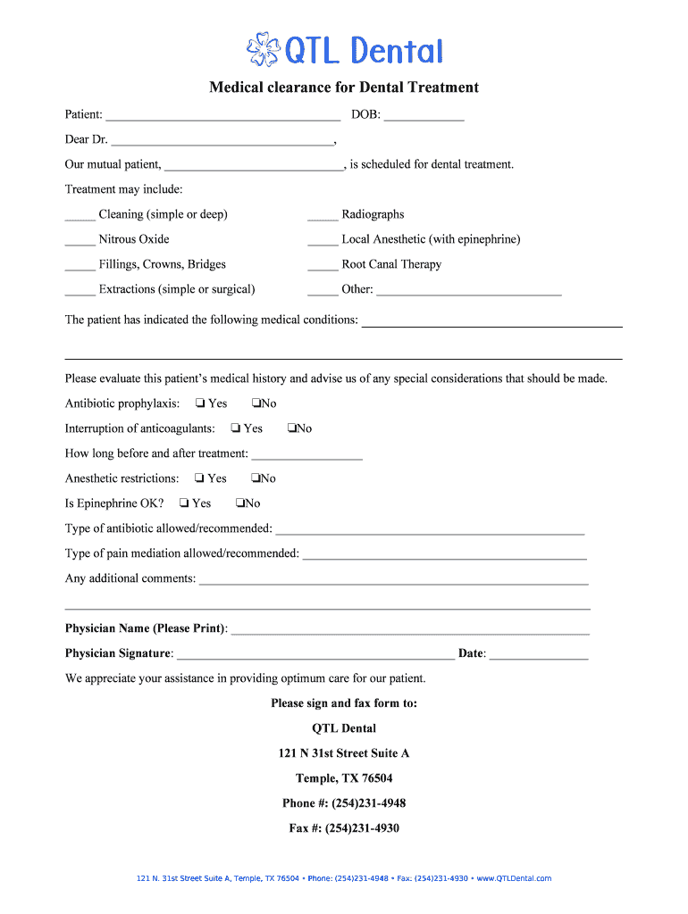 Medical Clearance For Dental Treatment - Fill Online, Printable with regard to Free Printable Dental Clearance Form