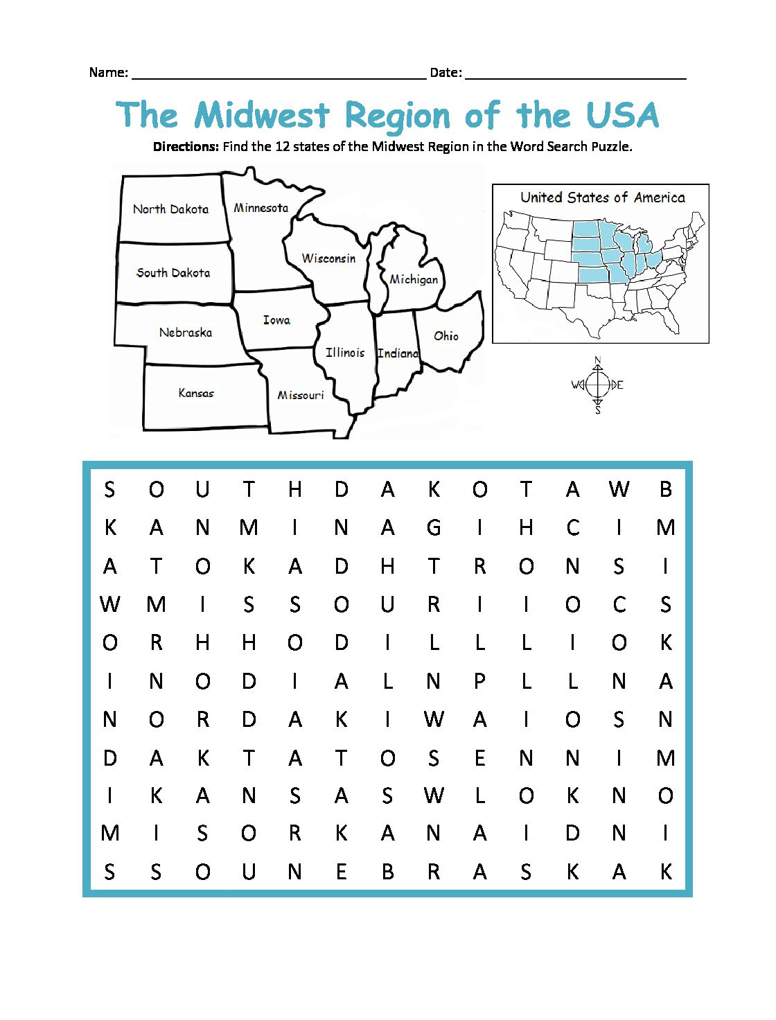 Midwest Region Of The United States Printable Map And Word Search intended for Printable United States Midwest