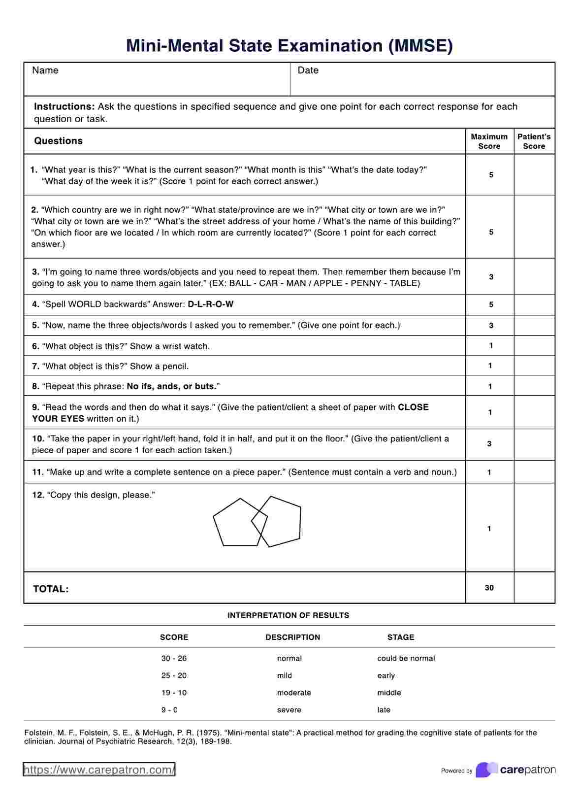 Mini Mental State Examination (Mmse) &amp;amp; Example | Free Pdf Download regarding Basic Emotional And Physical Needs Assessment Quiz Printable