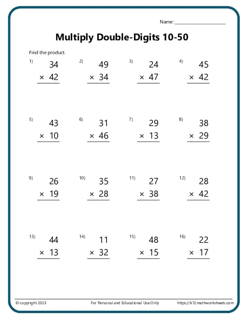 Multiplication Worksheets - K12 Math Worksheets for Free Printable Multiplication Worksheets