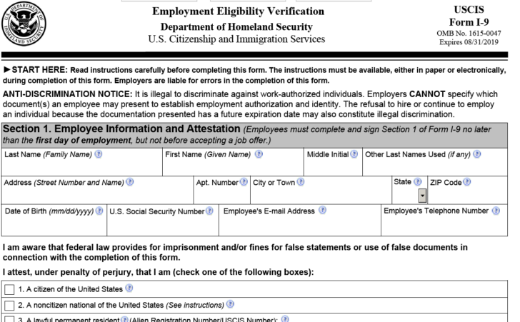 Printable Form I 9 Employment Eligibility Verification