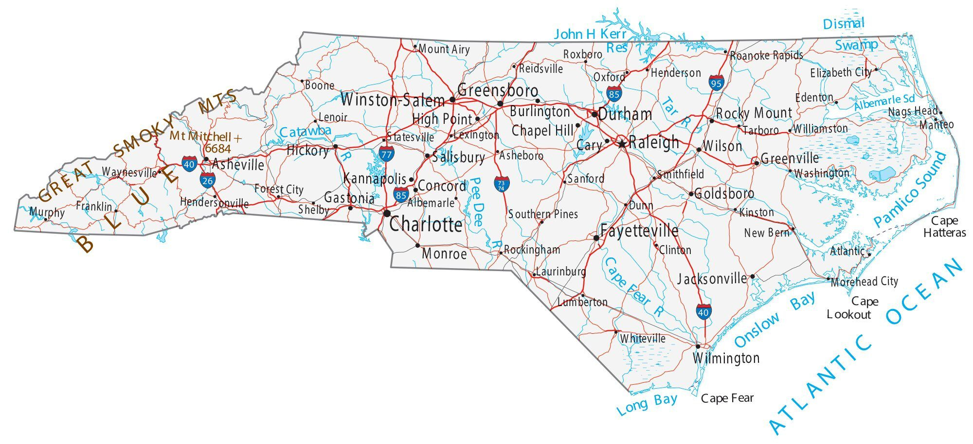 North Carolina Map - Cities And Roads - Gis Geography with regard to Printable Map of North Carolina