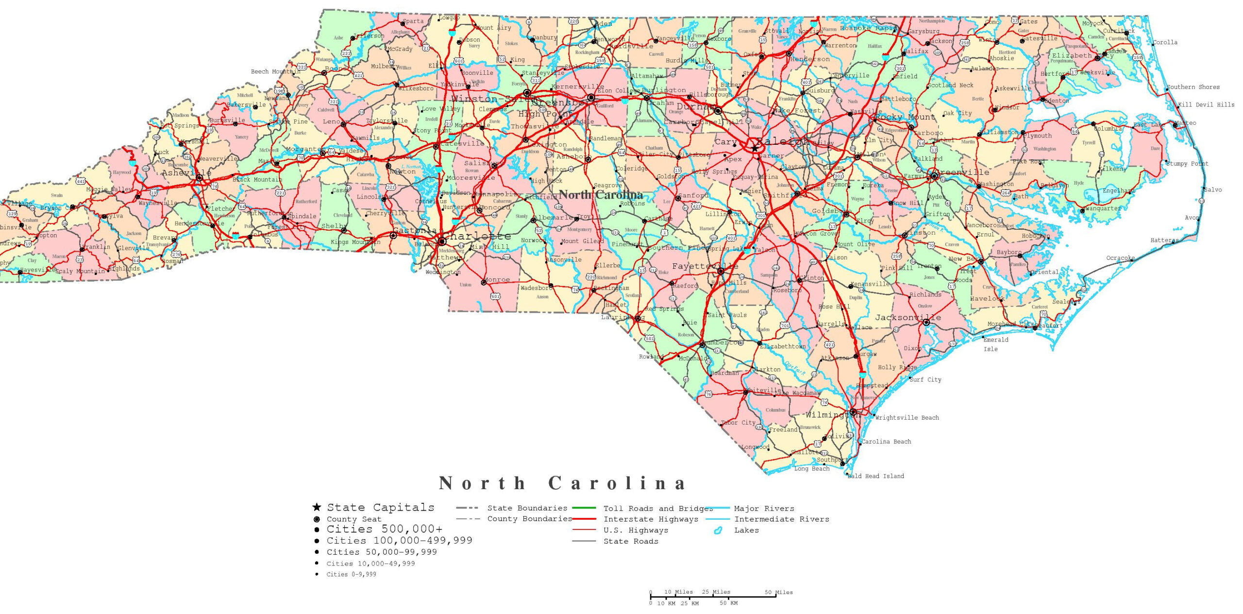 North Carolina Printable Map within Printable Map of North Carolina