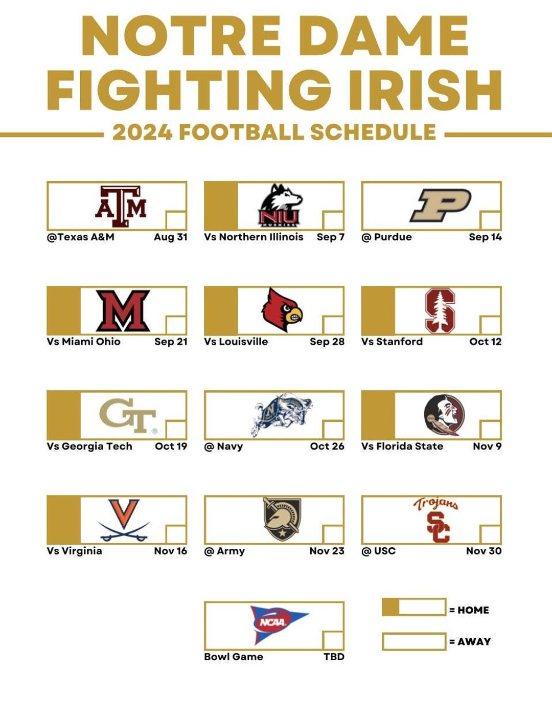 Notre Dame Football 2024 Printable Schedule Acc Big - Etsy Sweden throughout Notre Dame Football Schedule 2024 Printable