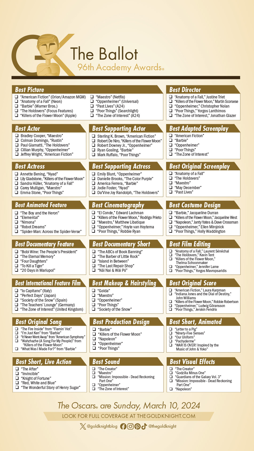 Oscars 2024: Download Our Printable Ballot | The Gold Knight intended for Oscar Ballot 2024 Printable