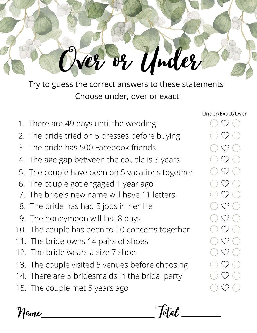 Over Or Under Bridal Shower Game (Free Printable) pertaining to Free Printable Wedding Shower Games