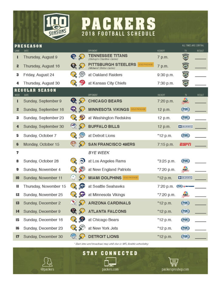 Green Bay Packers Printable Schedule