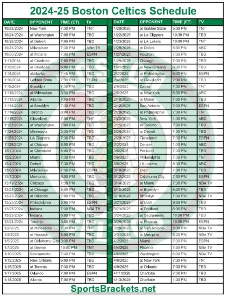 Printable Boston Celtics Schedule 2024 2025