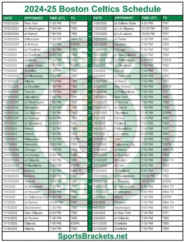 Printable 2024-25 Boston Celtics Schedule; Tv Broadcasts And with Printable Boston Celtics Schedule 2024 2025