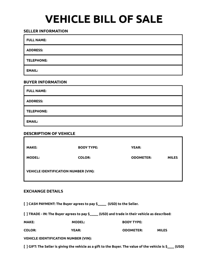 Printable Bill of Sale Template