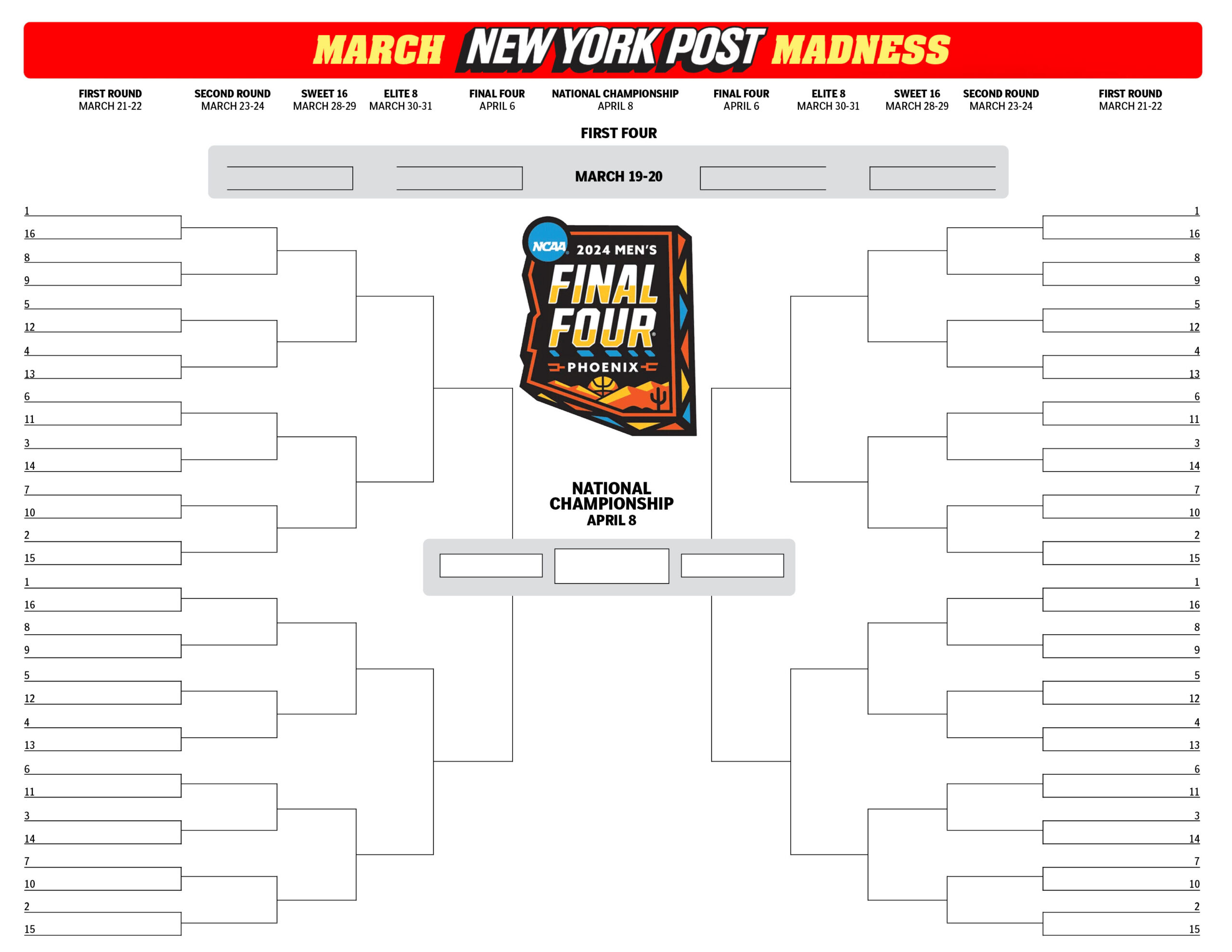 Printable Blank Ncaa Bracket Template For March Madness 2024 for Printable March Madness Bracket 2024