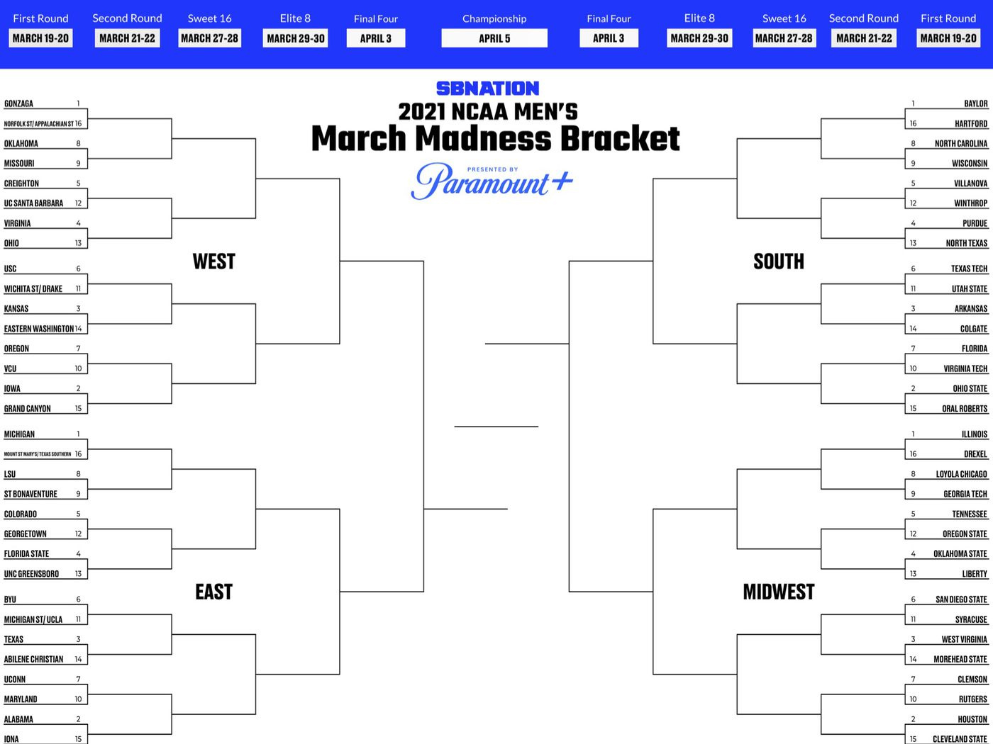 Printable Bracket 2021: Fill Out Your Men&amp;#039;S March Madness Picks intended for NCAA Tournament Printable Bracket