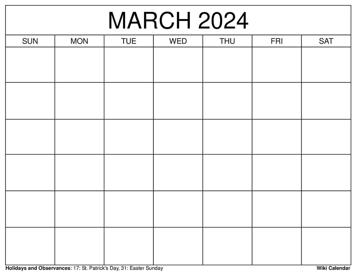 Printable March 2024 Calendar Templates With Holidays in Printable Blank Calendars 2024