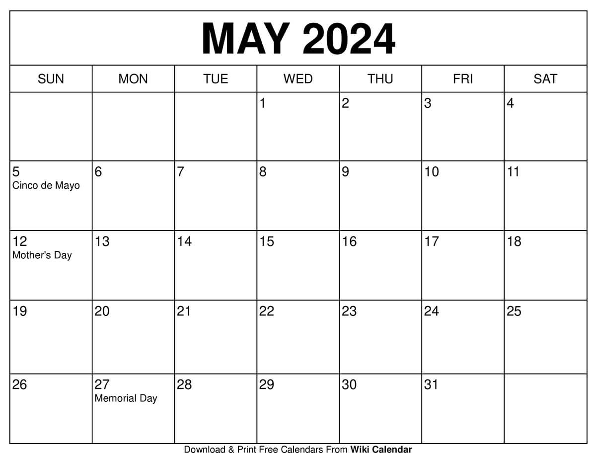 Printable May 2024 Calendar Templates With Holidays in Printable Calandar May 2024