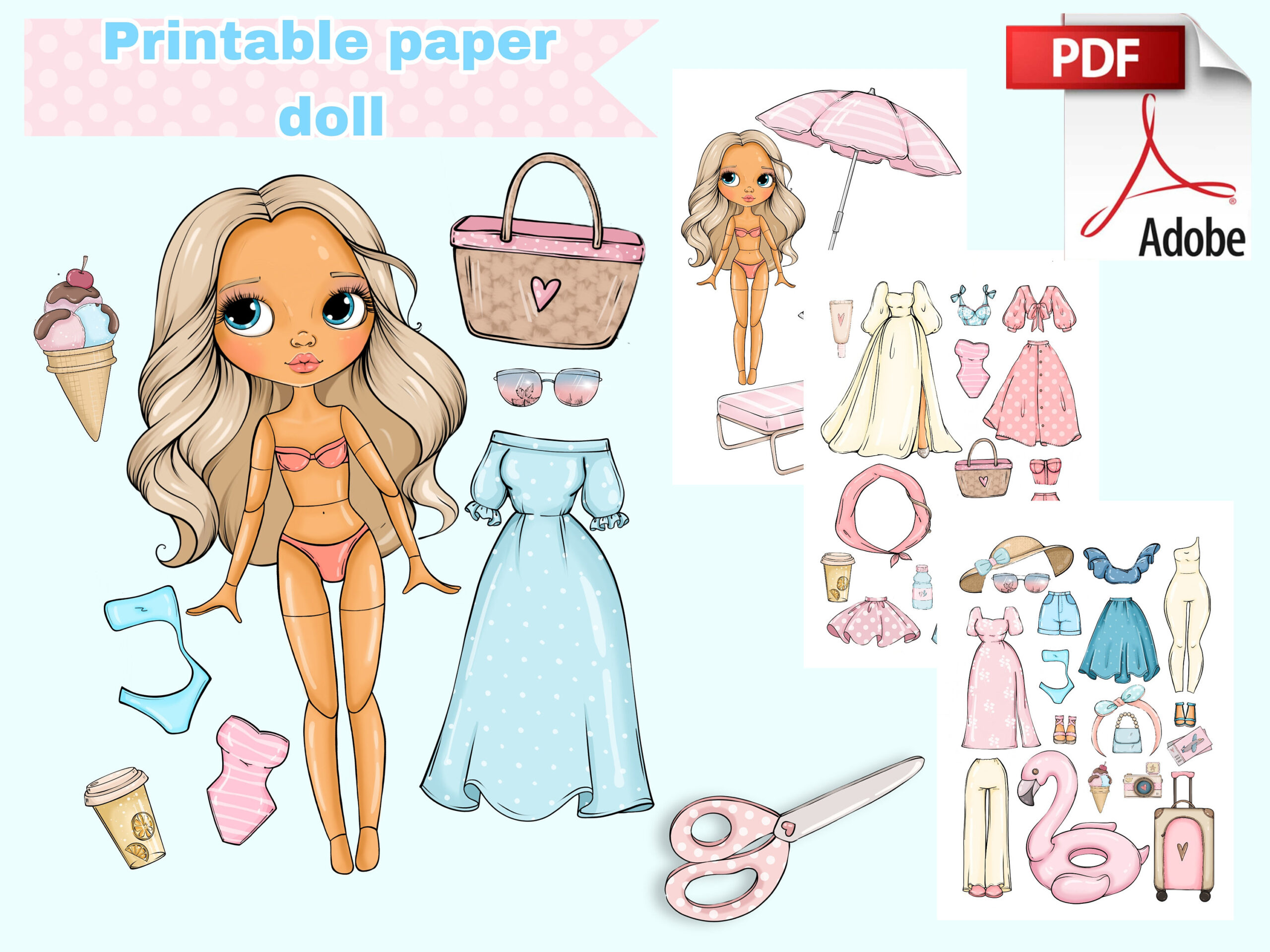 Printable Paper Doll Summer Blythe With Clothes Digital Pdf, Girly inside Free Printable Paper Dolls