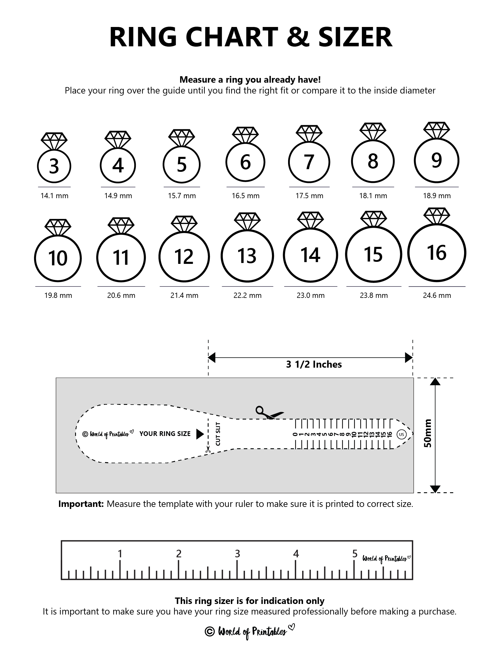 Printable Ring Size Chart - Find Your Ring Size Easy - World Of for Printable Ring Sizer Chart