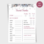 Printable Secret Santa Questionnaire, 5X7 Work Secret Santa Info For Printable Secret Santa Questionnaire