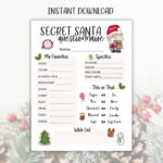 Printable Secret Santa Questionnaire, Christmas Holiday Gift Exchange  Questions Form For Work Office Coworkers, Neighbors, Friends, Pdf Throughout Printable Secret Santa Questions