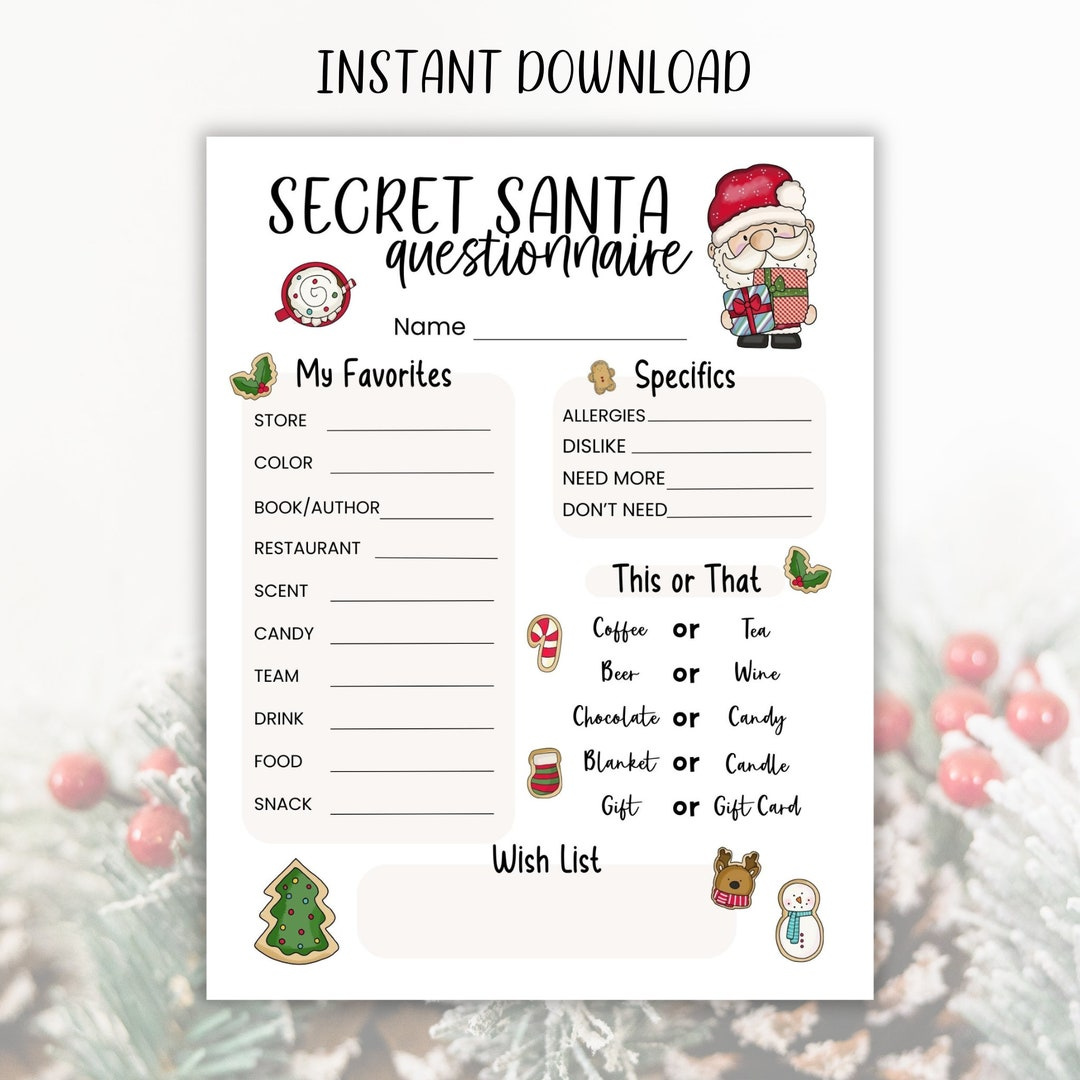 Printable Secret Santa Questionnaire, Christmas Holiday Gift Exchange Questions Form For Work Office Coworkers, Neighbors, Friends, Pdf throughout Printable Secret Santa Questions