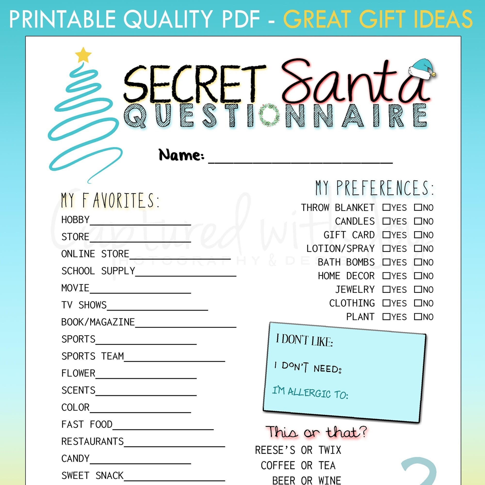 Printable Secret Santa Questionnaire For Gift Exchange Work Or inside Printable Secret Santa Questions