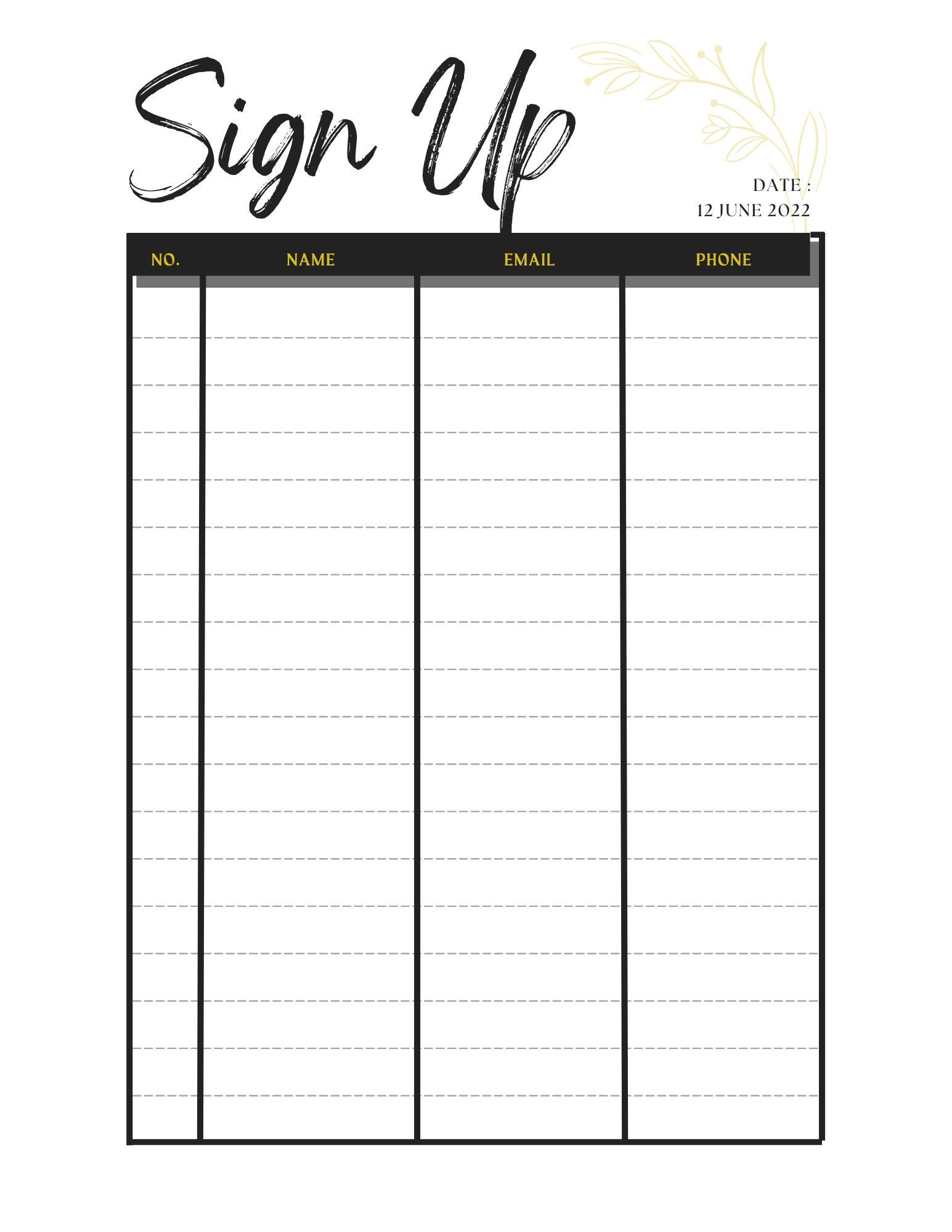 Printable Sign Up Sheet in Printable Sign Up Sheet