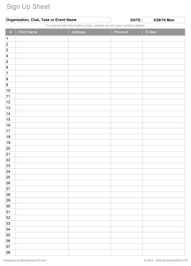 Printable Sign Up Worksheets And Forms For Excel, Word And Pdf intended for Blank Form 17 Printable