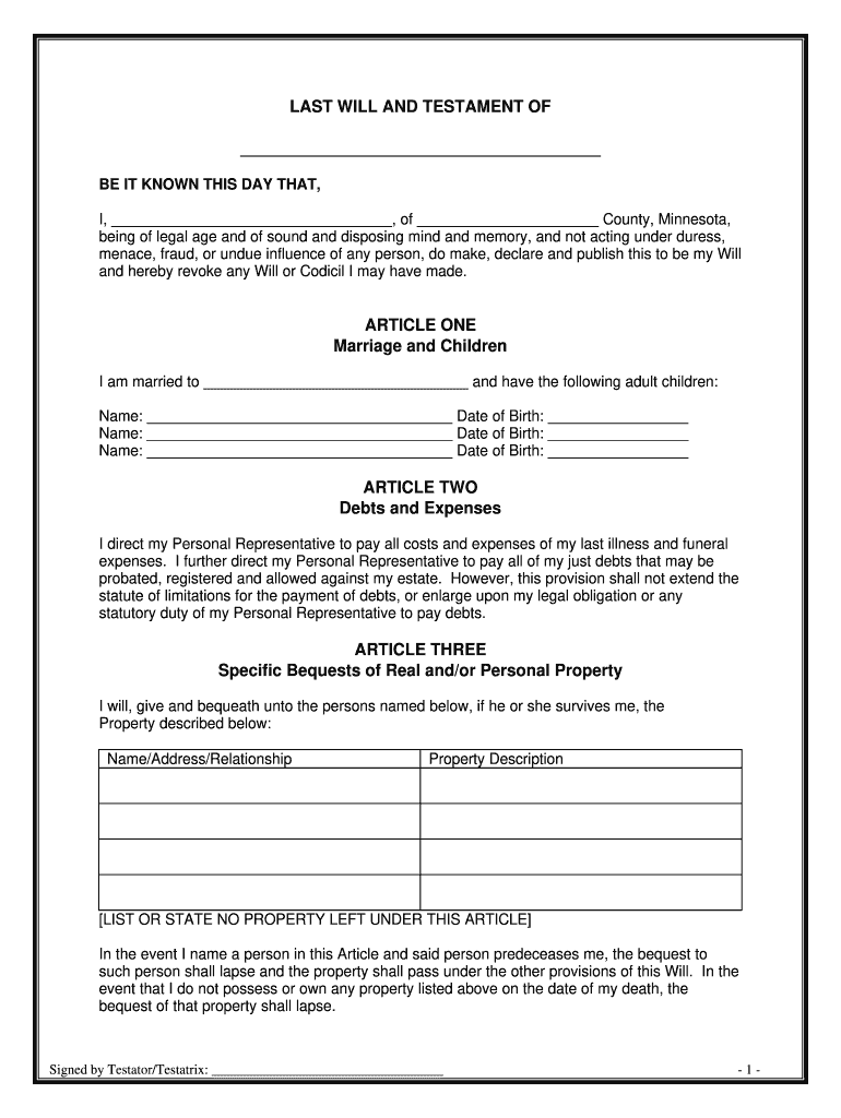 Printable Will Forms Pdf - Fill Online, Printable, Fillable, Blank throughout Printable Will Forms Free