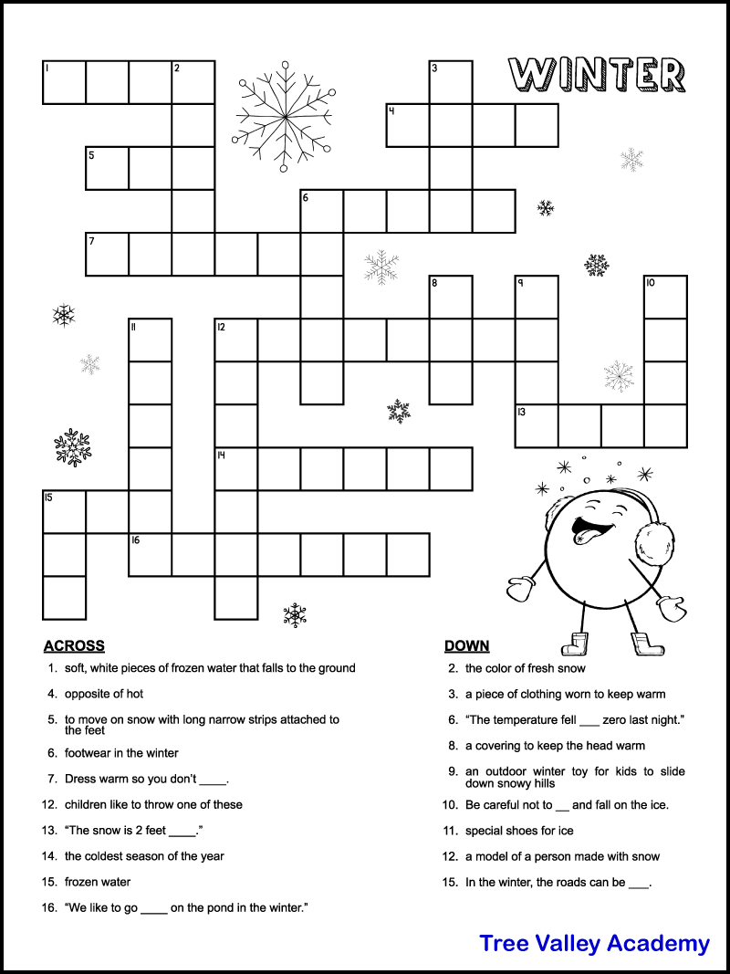 Printable Winter Crossword Puzzles For Kids - Tree Valley Academy inside Easy Crossword Puzzles Printable