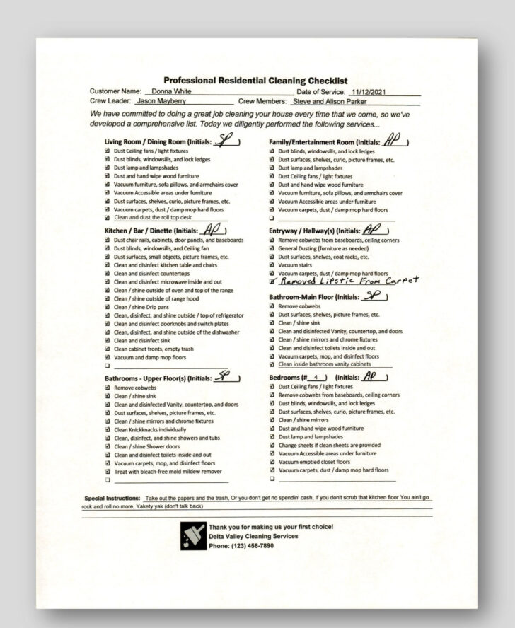 Professional House Cleaning Checklist Printable