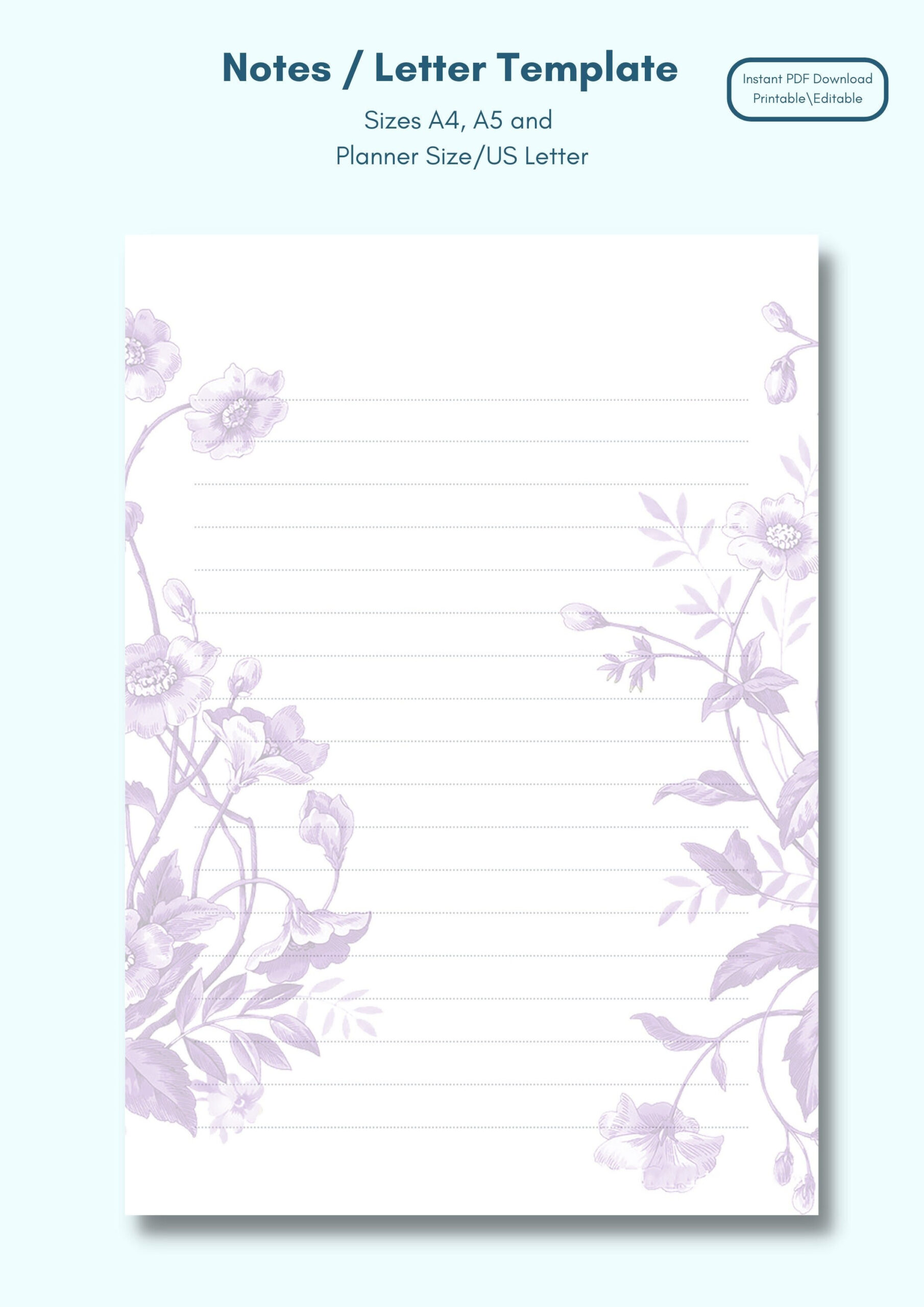 Purple Printed Flowers On A Lined Letter Template Printable within Printables For Journals Purple