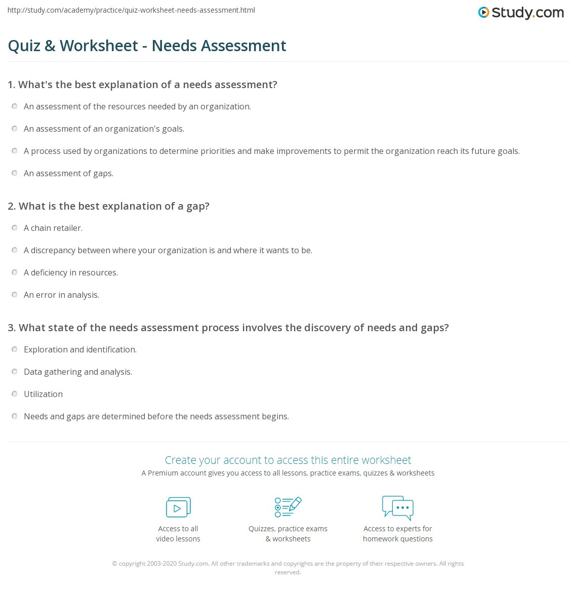 Quiz &amp;amp; Worksheet - Needs Assessment | Study throughout Basic Needs Assessment Quiz Printable