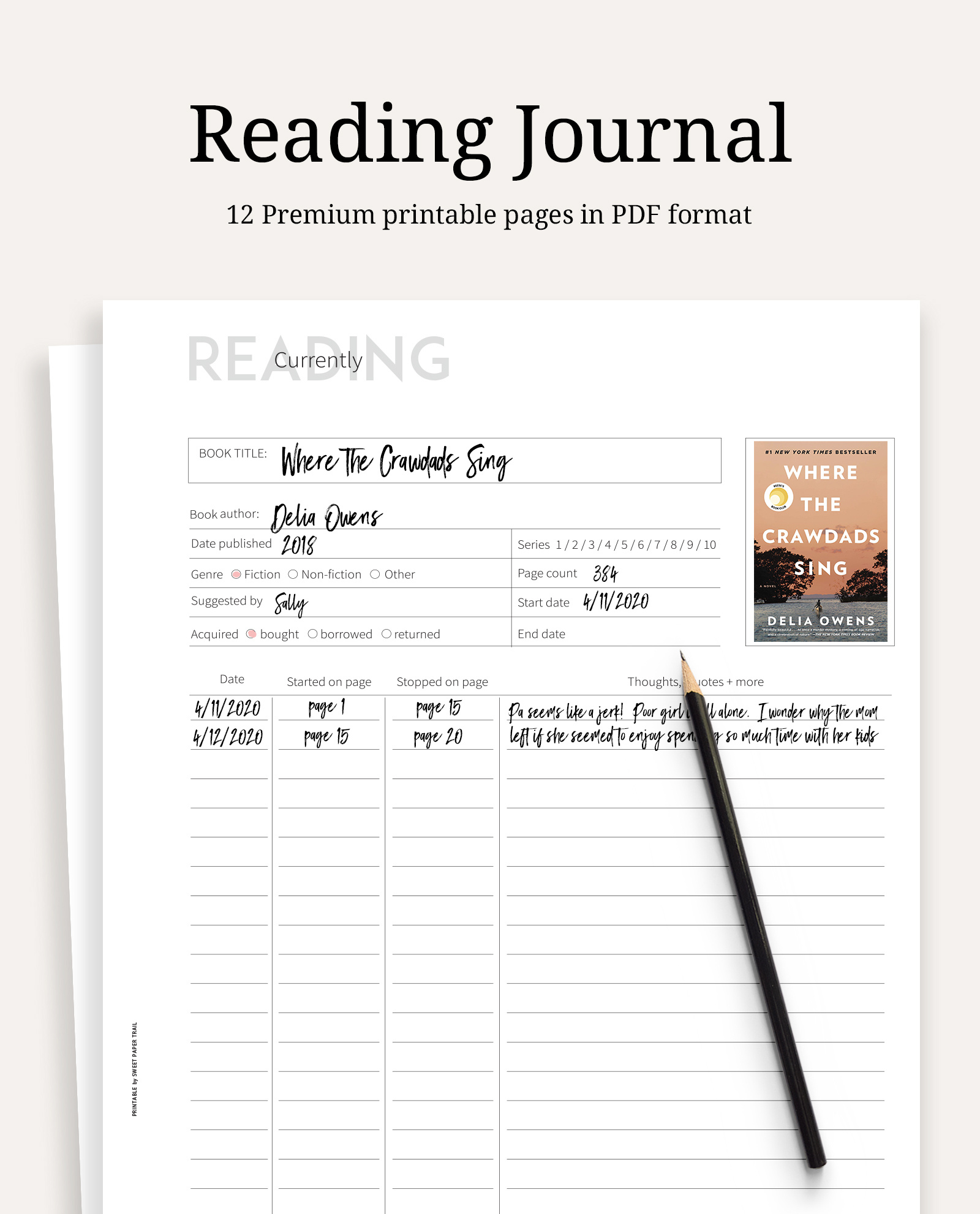 Reading Journal - Sweet Paper Trail for Book Journal Pages Printable